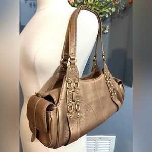 Cole Haan Gold Leather Handbag Satchel Gold Tone Hardware End Pockets GUC